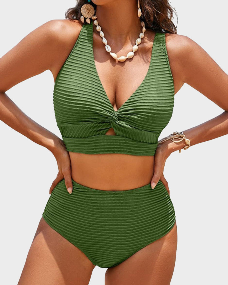 Texturierter High-Waist-Bikini mit Knotendetail vorne