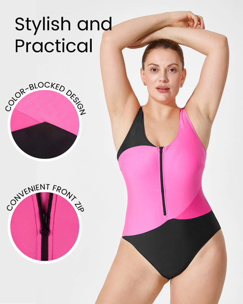 Color Block Tank Swimsuit with Front Zip