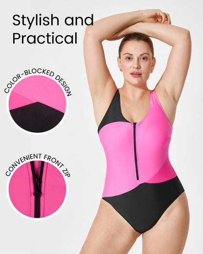 Color Block Tank Swimsuit with Front Zip