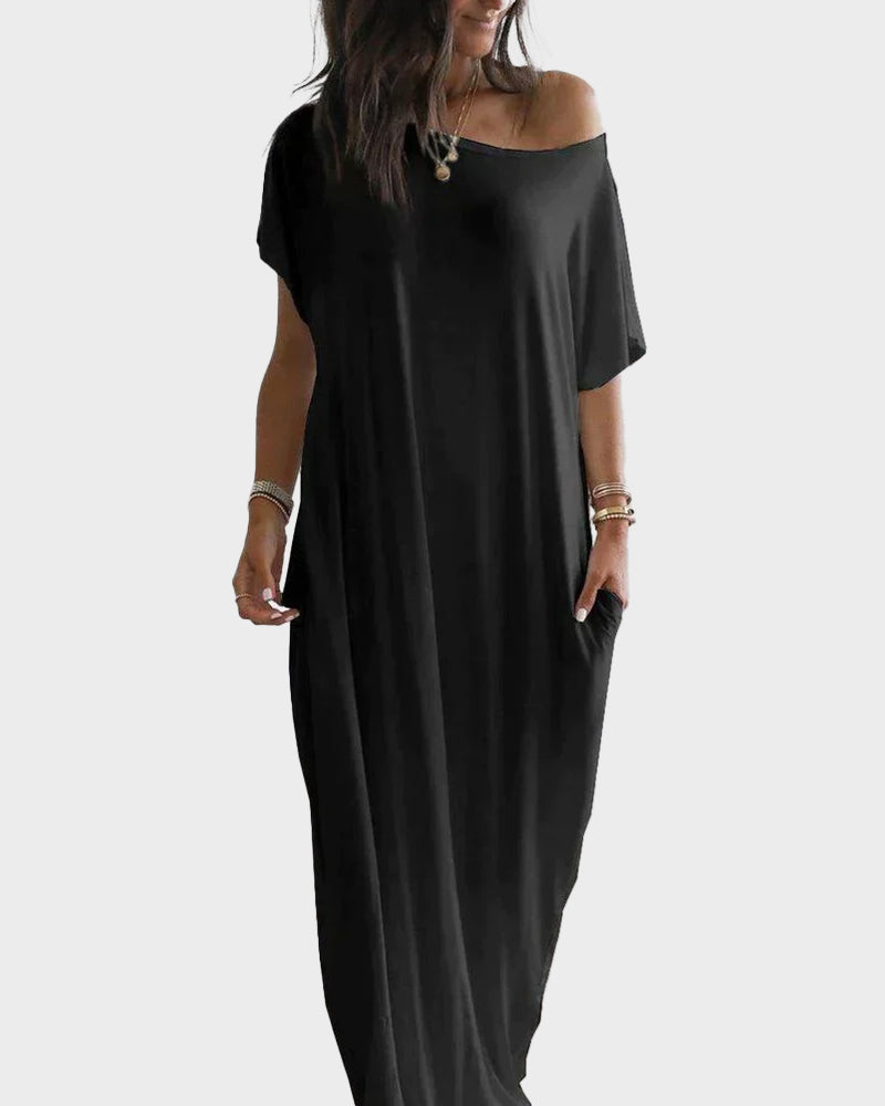 Off-Shoulder Loungewear Maxi Dress with Batwing Sleeves