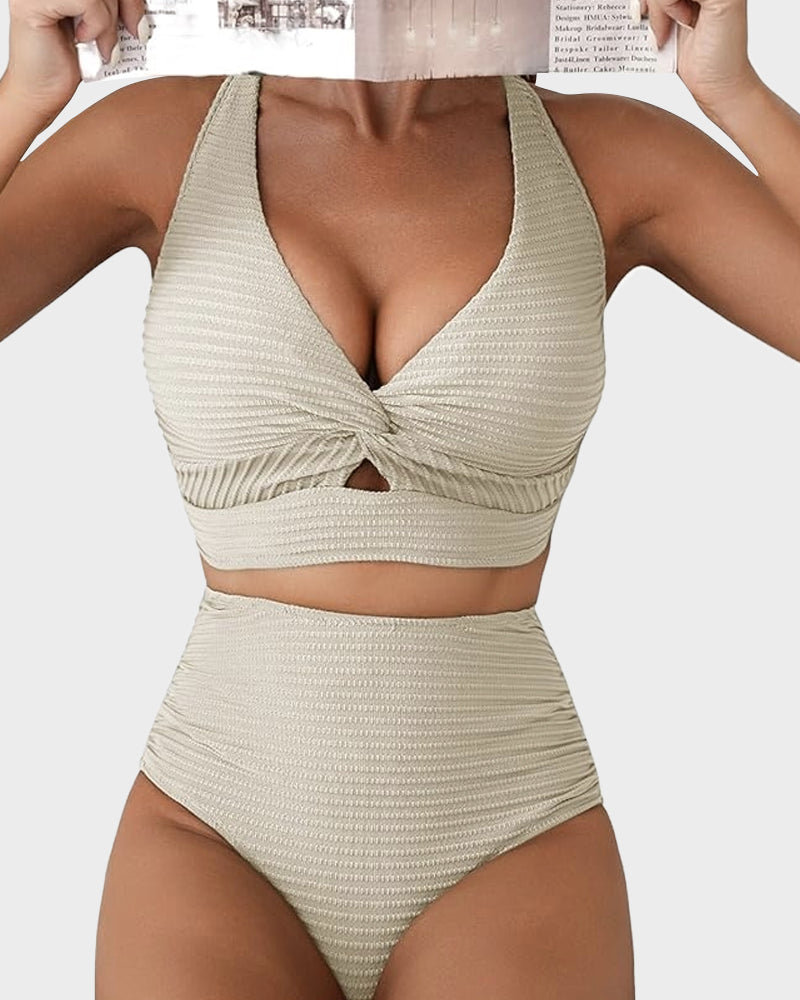 Texturierter High-Waist-Bikini mit Knotendetail vorne