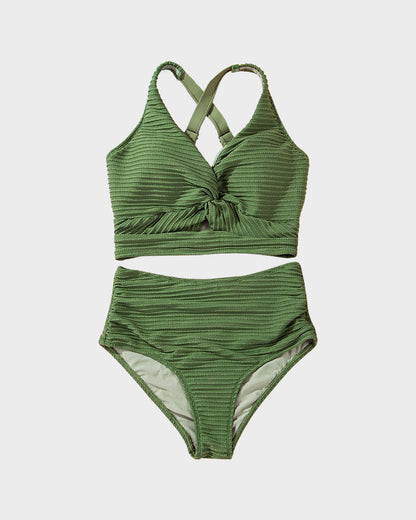 Texturierter High-Waist-Bikini mit Knotendetail vorne