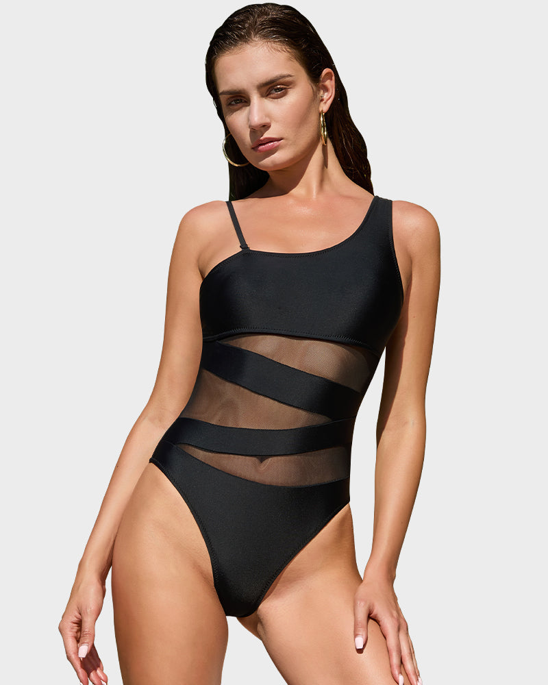 One-Shoulder One-Piece Swimsuit with Mesh Insert