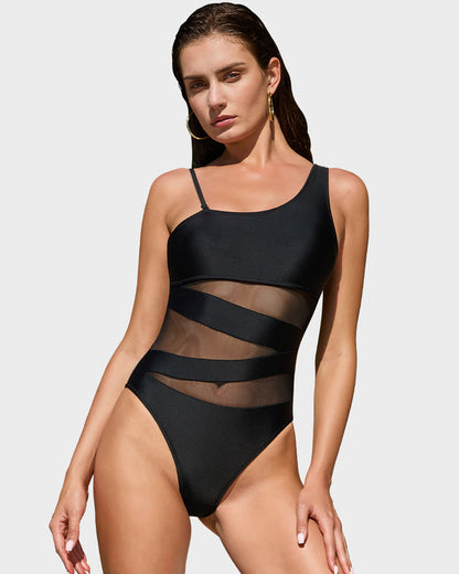 One-Shoulder One-Piece Swimsuit with Mesh Insert