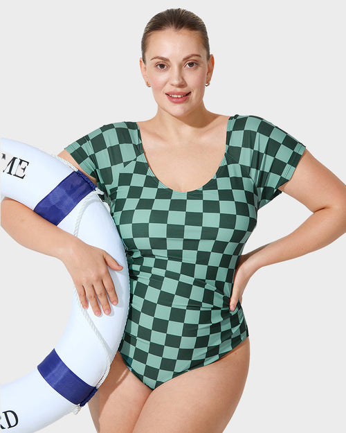 Green Check Short-Sleeve Modest One-Piece Swimsuit