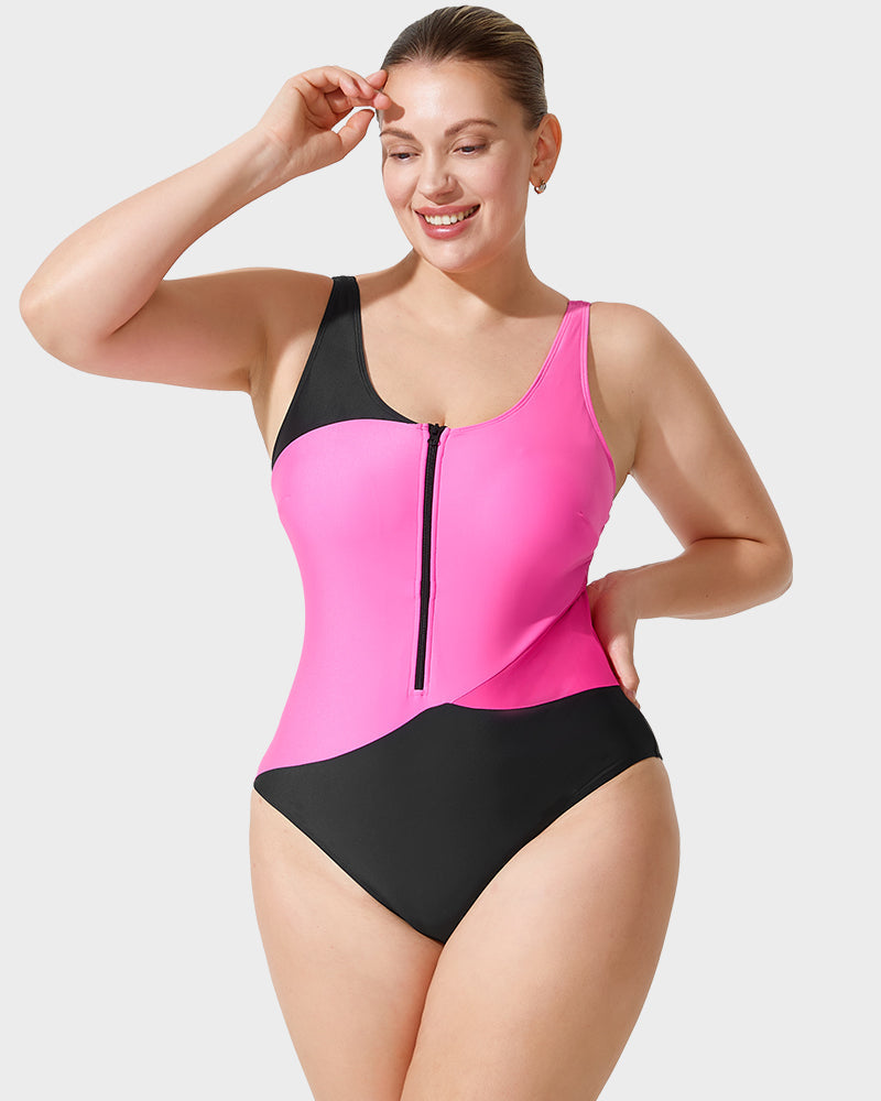 Color Block Tank Swimsuit with Front Zip