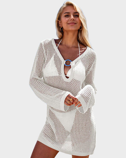 Deep-Plunge Long-Sleeve Crochet Beach Cover-Up Dress
