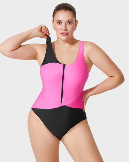 Color Block Tank Swimsuit with Front Zip