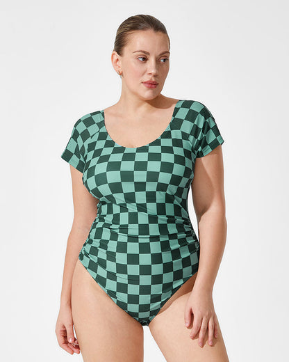 Green Check Short-Sleeve Modest One-Piece Swimsuit