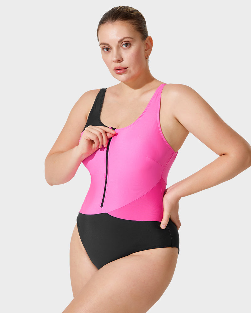Color Block Tank Swimsuit with Front Zip