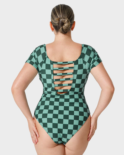 Green Check Short-Sleeve Modest One-Piece Swimsuit