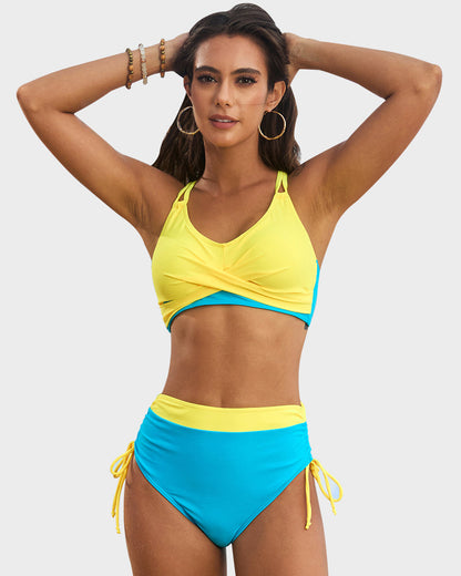 Color Block Drawstring Cross-Back Bikini Set