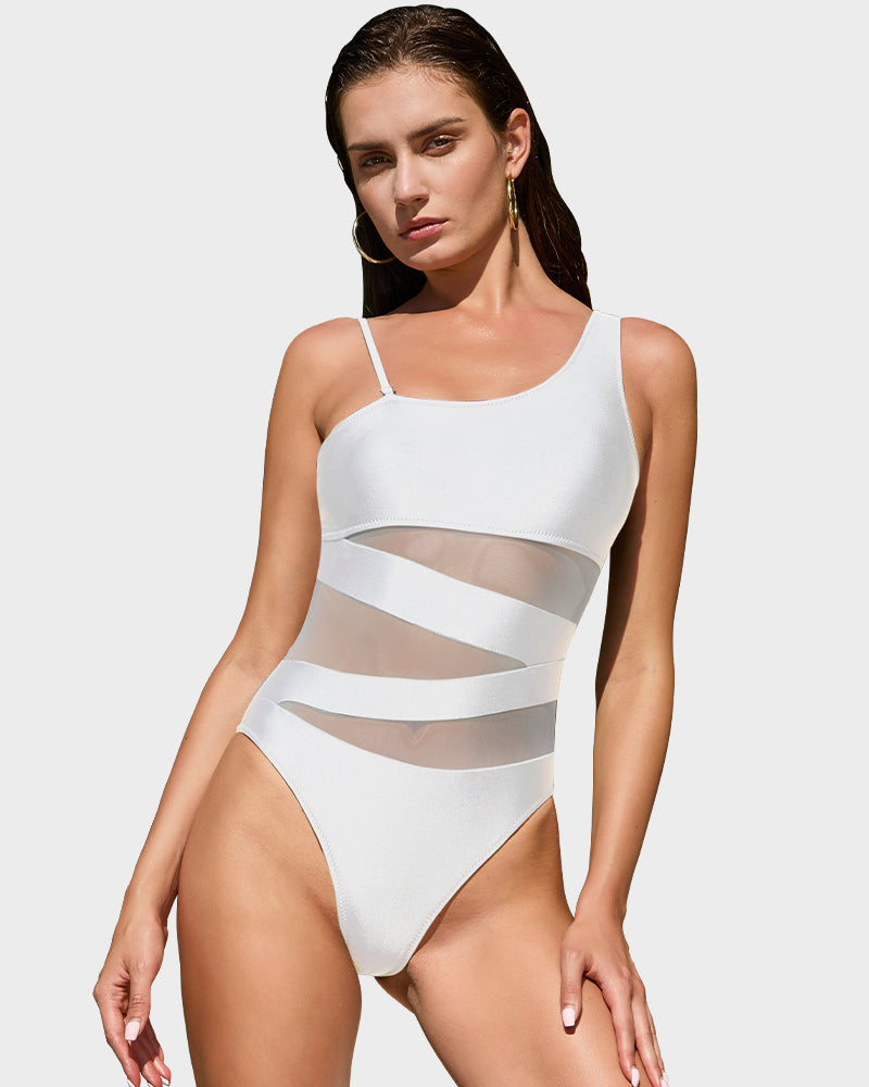 One-Shoulder One-Piece Swimsuit with Mesh Insert