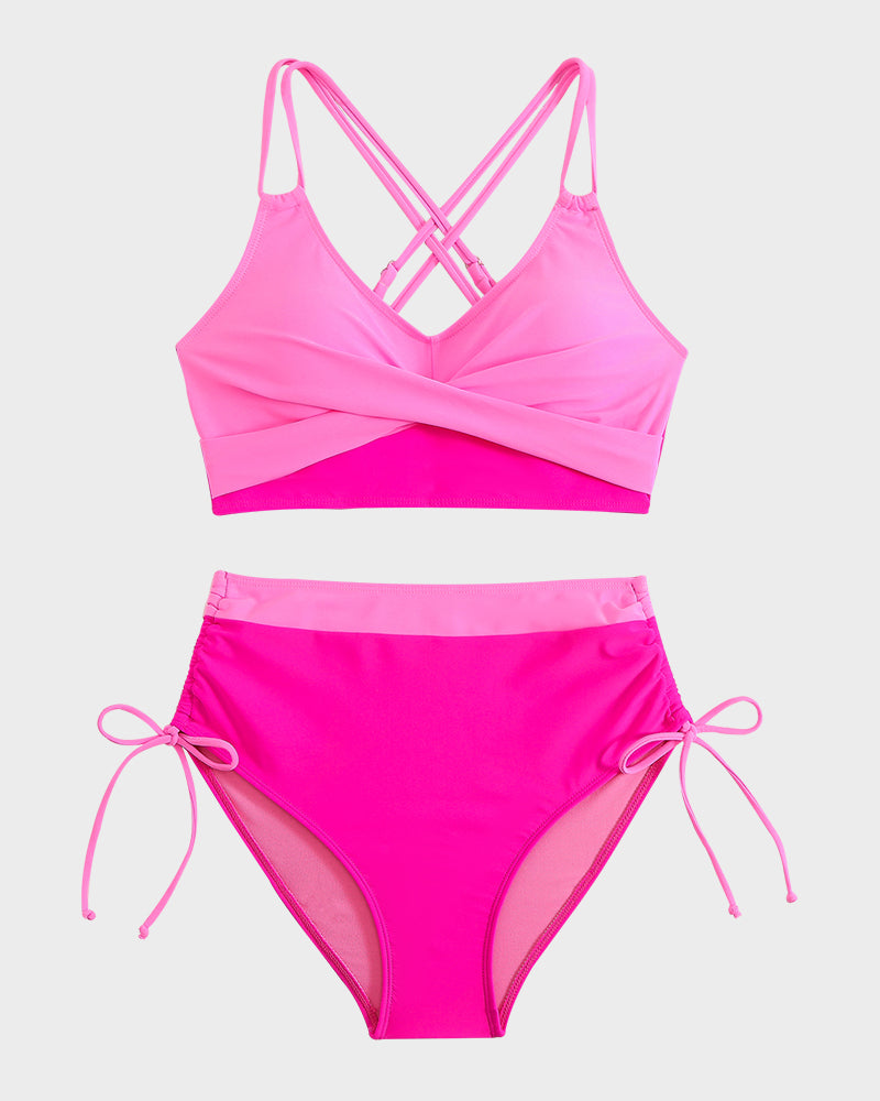 Color Block Drawstring Cross-Back Bikini Set