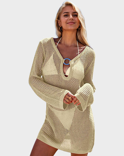 Deep-Plunge Long-Sleeve Crochet Beach Cover-Up Dress