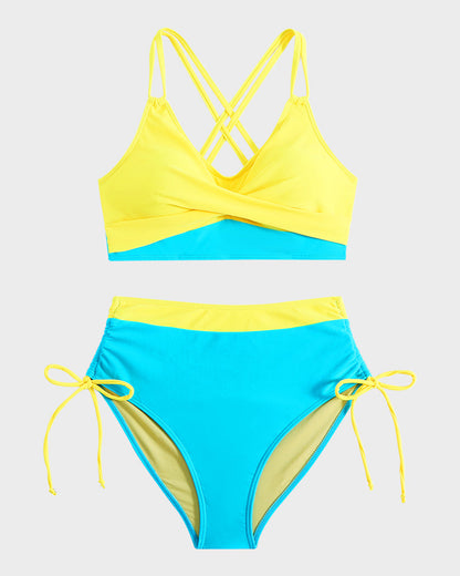 Color Block Drawstring Cross-Back Bikini Set