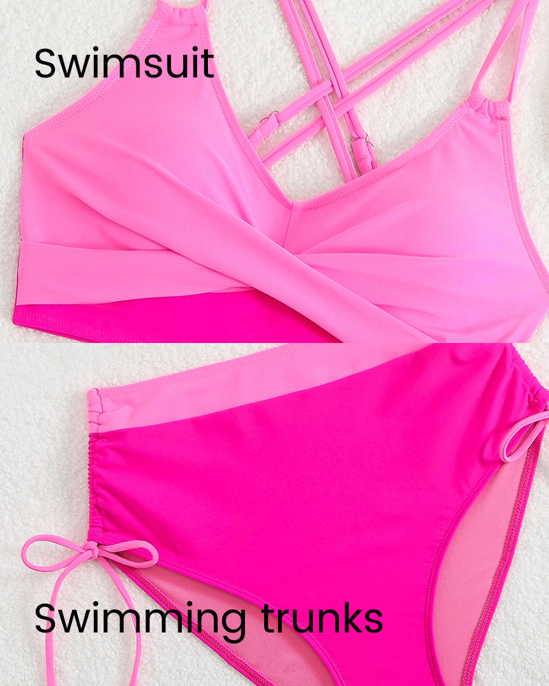 Color Block Drawstring Cross-Back Bikini Set