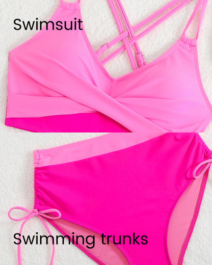 Color Block Drawstring Cross-Back Bikini Set