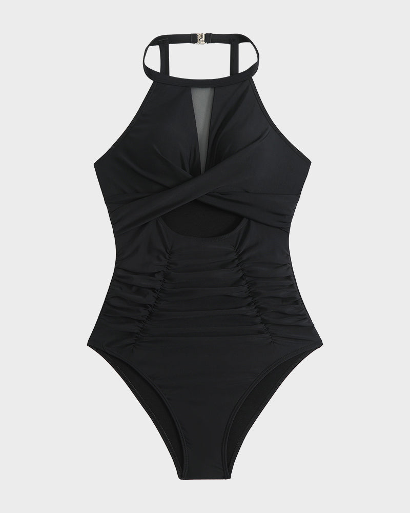 Badeanzug mit Rundhalsausschnitt, Cut-Outs und Mesh-Einsätzen
