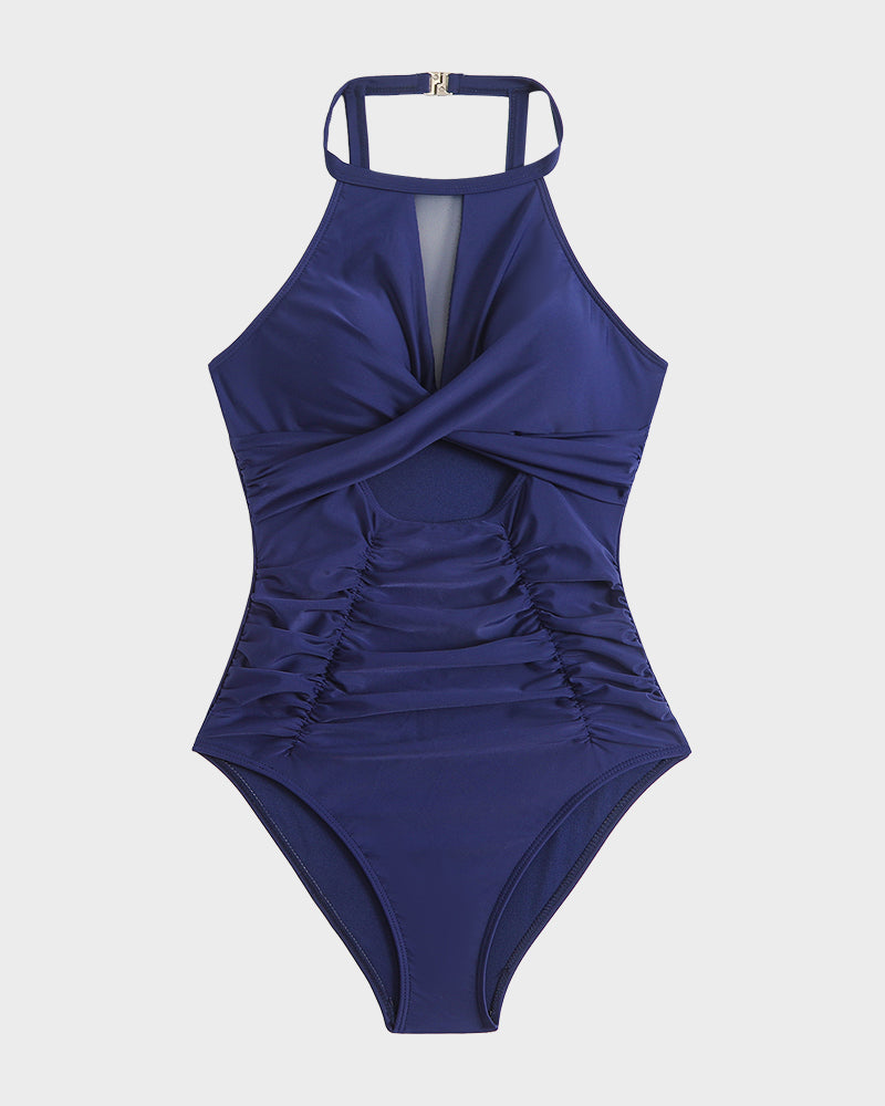Badeanzug mit Rundhalsausschnitt, Cut-Outs und Mesh-Einsätzen