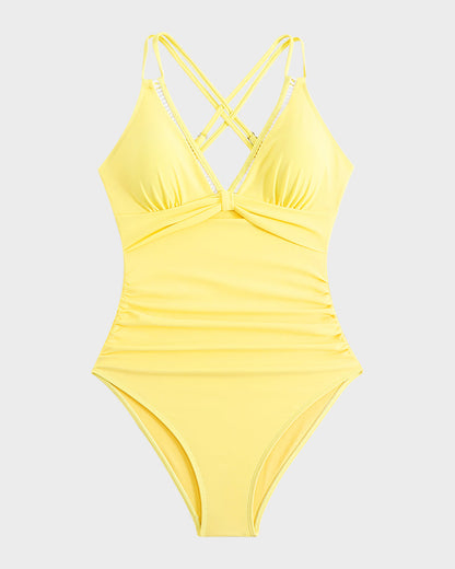 Einteiliger Badeanzug mit V-Ausschnitt, Cut-Outs und Schleife