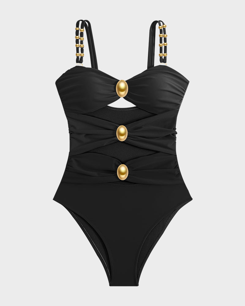 Maillot Une Pièce Drapé avec Perles Dorées et Découpes