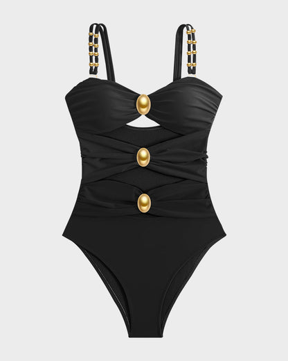 Maillot Une Pièce Drapé avec Perles Dorées et Découpes