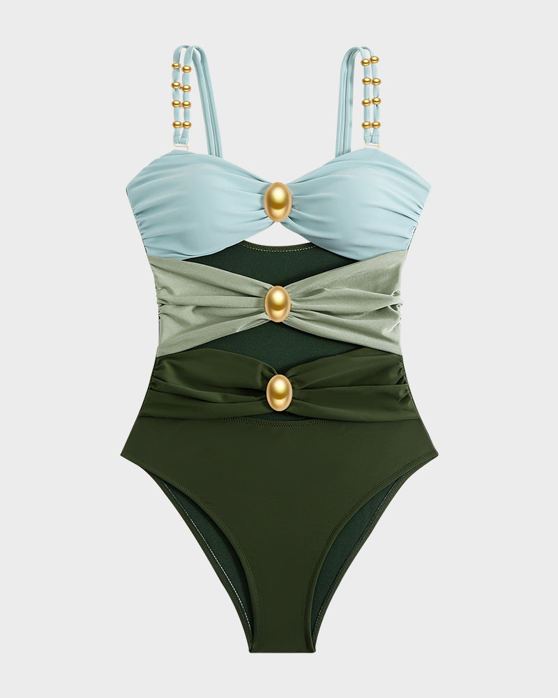 Maillot Une Pièce Drapé avec Perles Dorées et Découpes