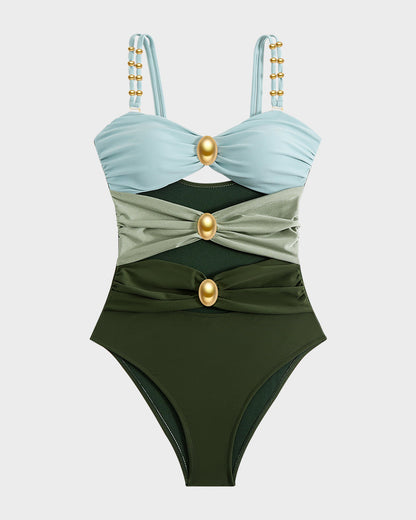 Maillot Une Pièce Drapé avec Perles Dorées et Découpes