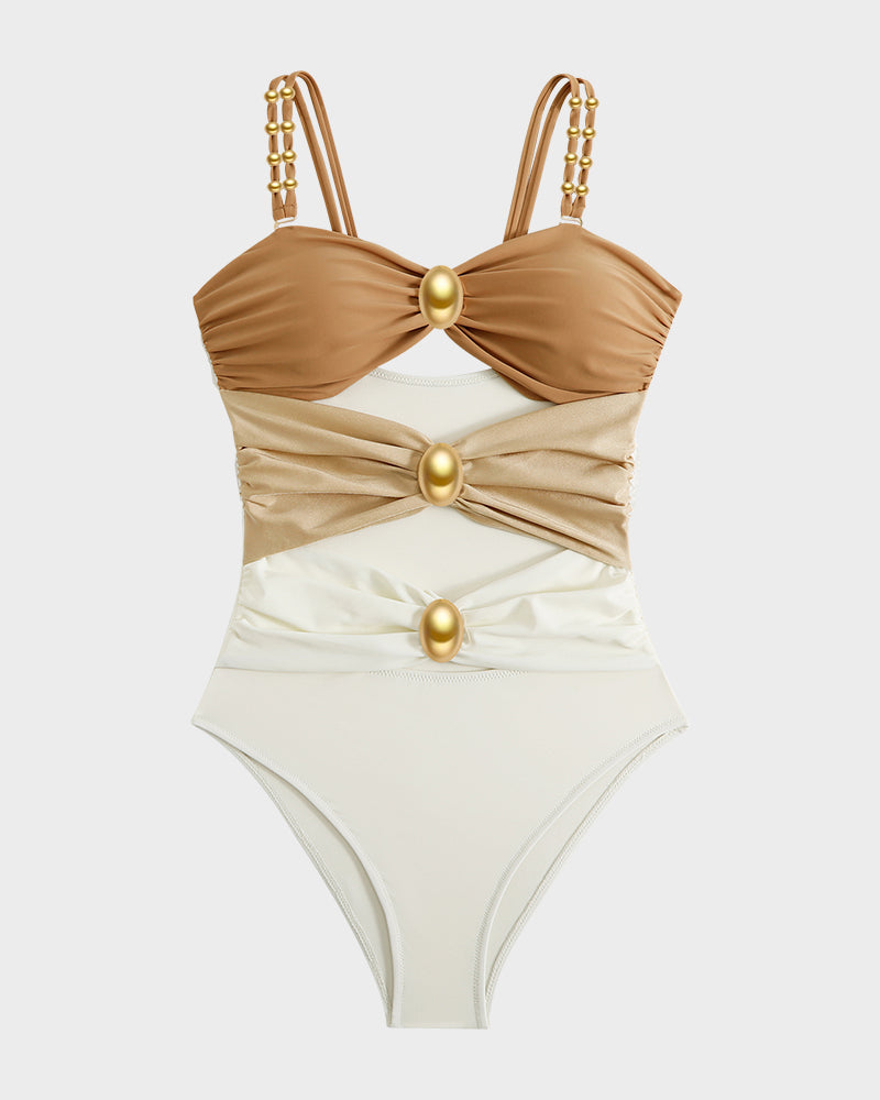 Maillot Une Pièce Drapé avec Perles Dorées et Découpes