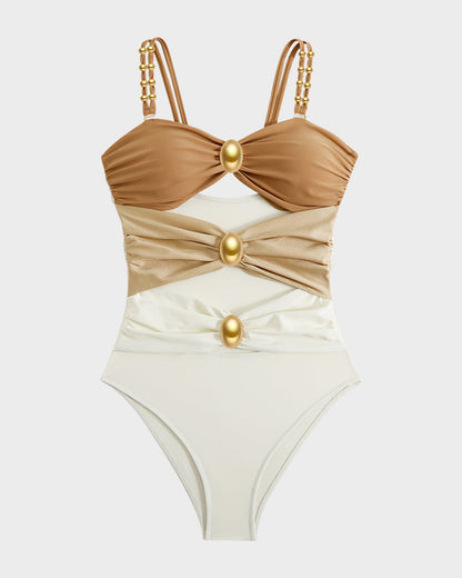Maillot Une Pièce Drapé avec Perles Dorées et Découpes