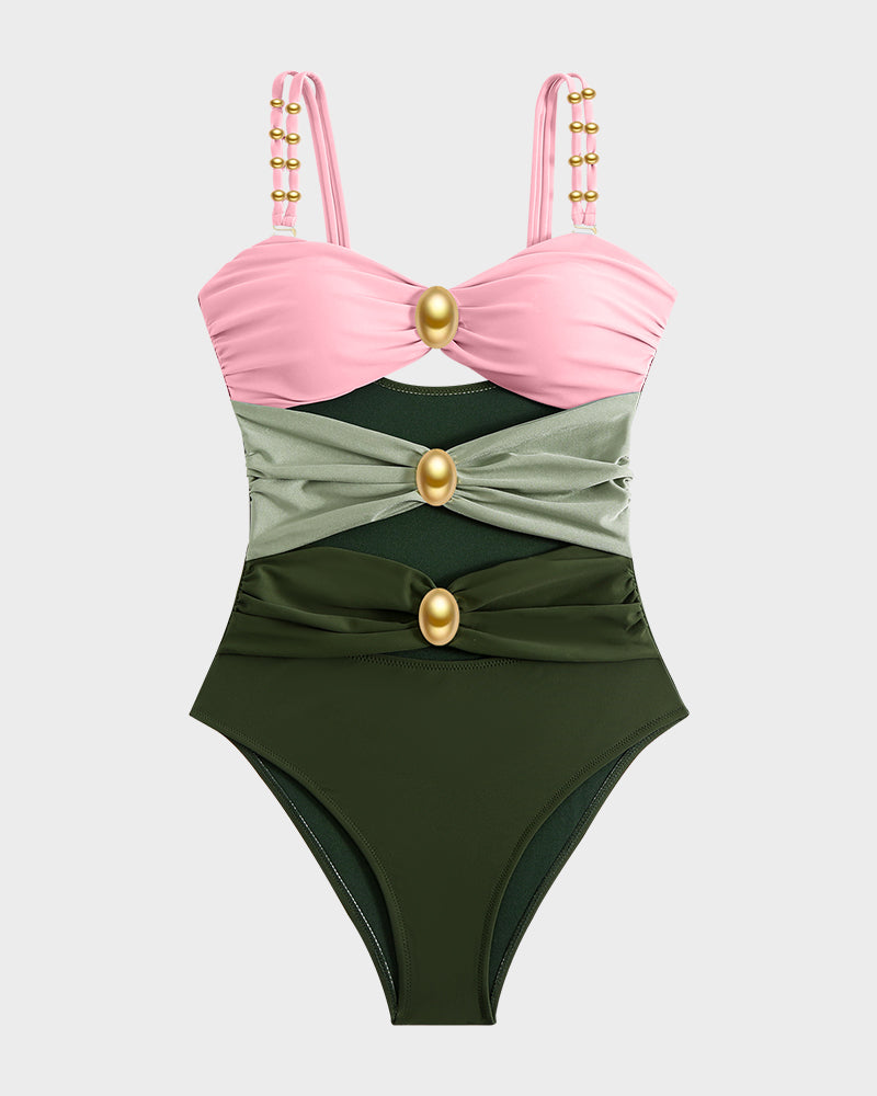 Maillot Une Pièce Drapé avec Perles Dorées et Découpes