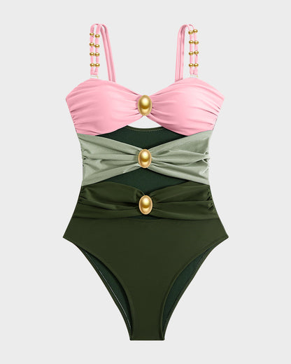 Maillot Une Pièce Drapé avec Perles Dorées et Découpes