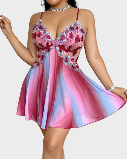 Plus-Size Rainbow Ombre Camisole Nightgown — Backless Floral Mesh Design